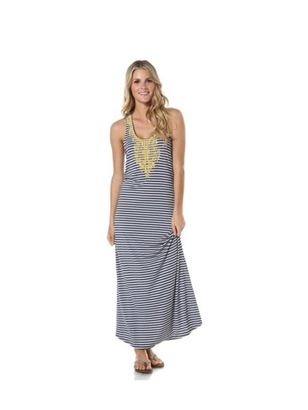 THML Striped Maxi Tank Dress with Yellow Embroidered Bib Medium